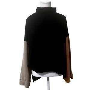 SHE+SKY Colorblock Mock Neck Sweater Large Black Tan Brown‎ Casual Minimalist